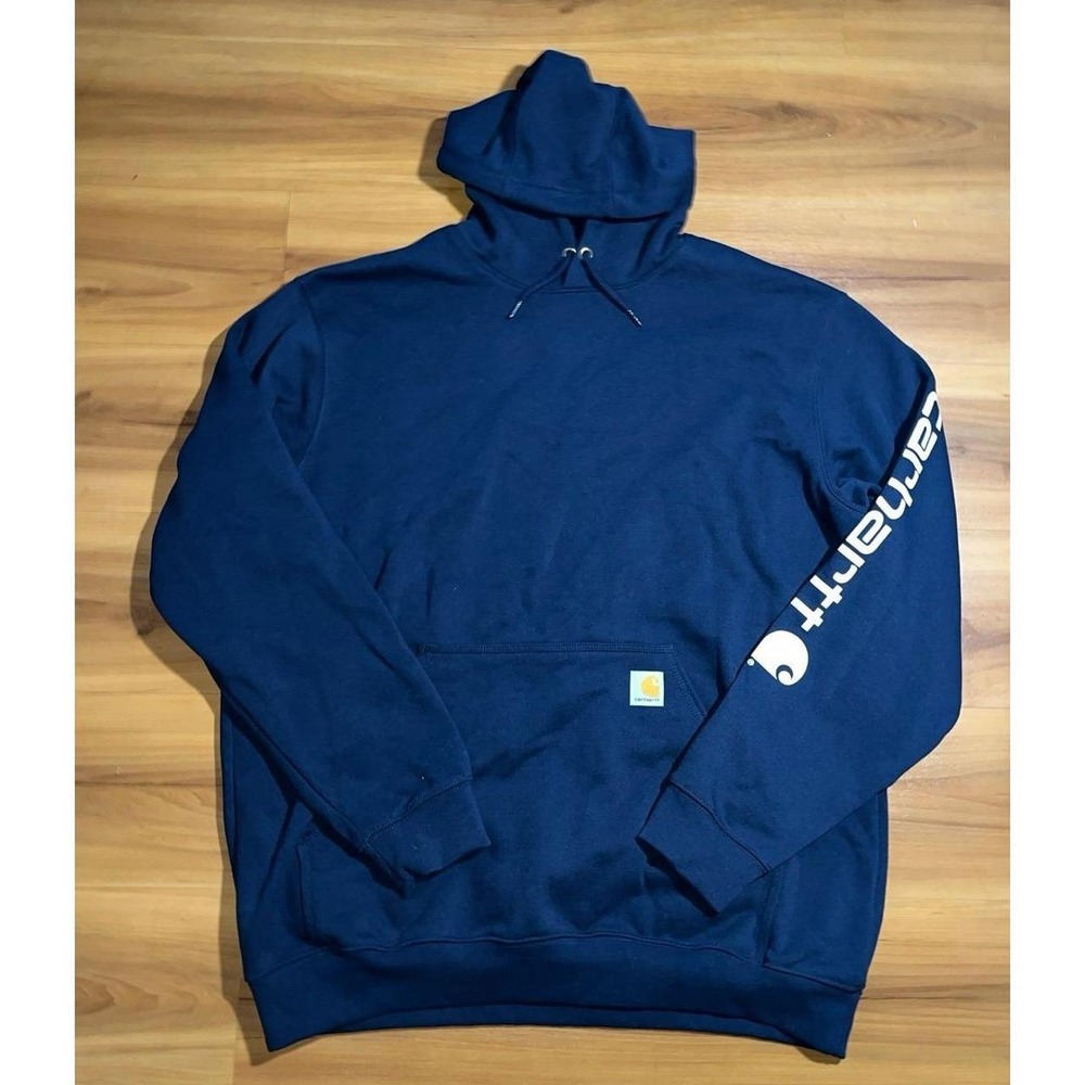 Mens Carhartt Loose Fit Drawstring Thick Navy Blue Pullover Hoodie Sweatshirt